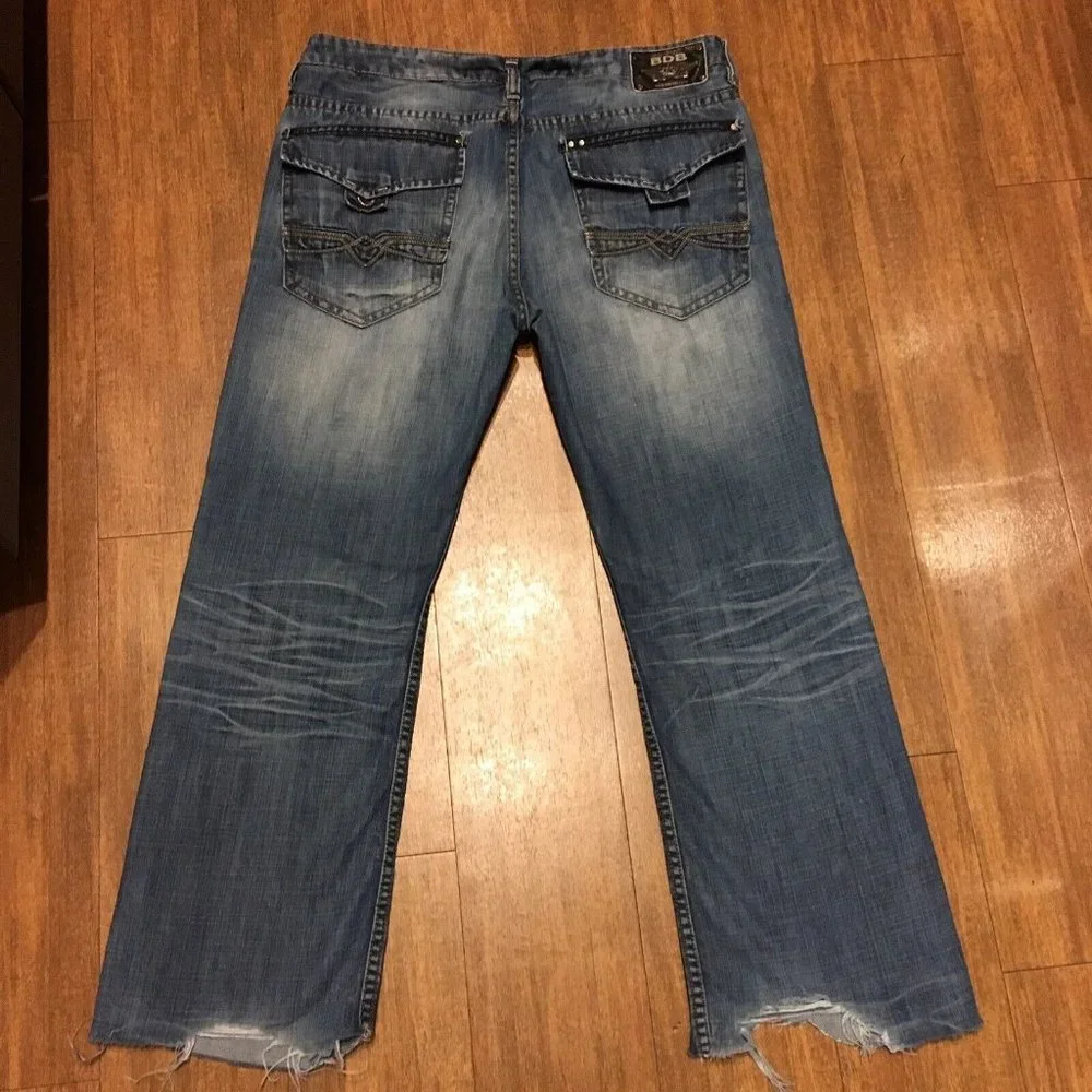 Buffalo‎ David Bitton Mens Blue Jeans 34X28 Boot Cut Ripped Rough Cuffs Denim